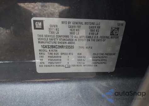 2017 GMC Yukon Slt из США, поврежденный, VIN 1GKS2BKC2HR193589